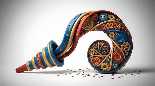 A colorful party blower made of clay with gears and math symbols on white background with mathematical symbols embedded embedded surface with surface against plain
