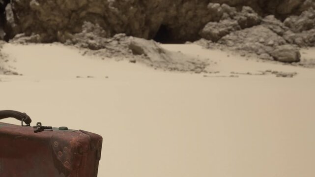 A rusty suitcase sits on the sand near a rocky area. The sun is shining, and a cave is visible in the background. The scene has a natural and remote feel to it.