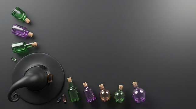 Black witch hat with colored potion bottles arranged along the border on a dark grey background magic potion halloween background witchcraft ite