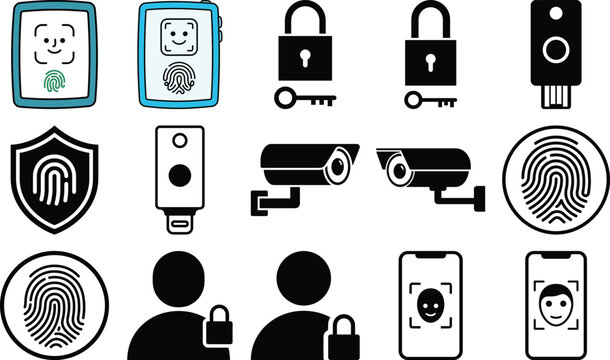 A collection of black security icons depicts facial recognition fingerprint scans locks and surveillance cameras authentication biometric digitalsecurity facerecognition