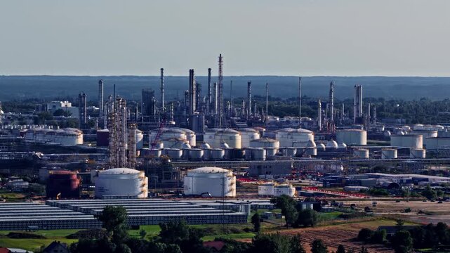 Aerial view of ORLEN Plock Production Plant with storage tanks and industrial infrastructure in Plock, Wojewodztwo mazowieckie, Poland.