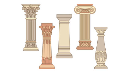 Naklejka premium Ancient greek and roman columns vector architectural set with corinthian ionic doric and antique pillars