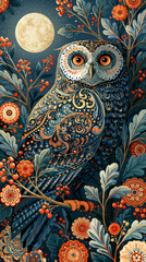 Naklejka premium Mystical Owl in Moonlit Garden: An ornate owl with striking eyes sits amidst a richly decorated garden under the soft glow of a full moon, evoking a sense of magic and wonder.