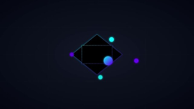 Abstract geometric motion with rotating diamond shape and floating neon orbs on dark animation 4k background