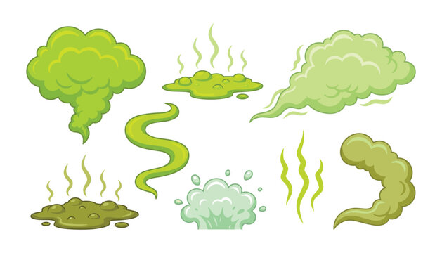 Bad smell green gas clouds vector element set with stinky odor fumes toxic smoke puffs and swamp slime puddles,