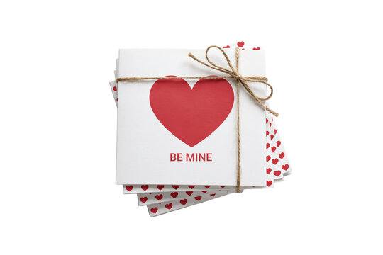 Stack of white square greeting cards with red heart print and twine bow isolated on a transparent background