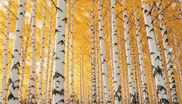 Autumn birch forest with vibrant golden yellow leaves in fall