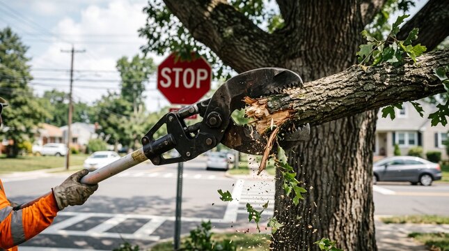 Arborist using chainsaw to trim large tree branch near stop sign.
