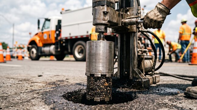 Construction worker operating core drill machine on asphalt road surface.