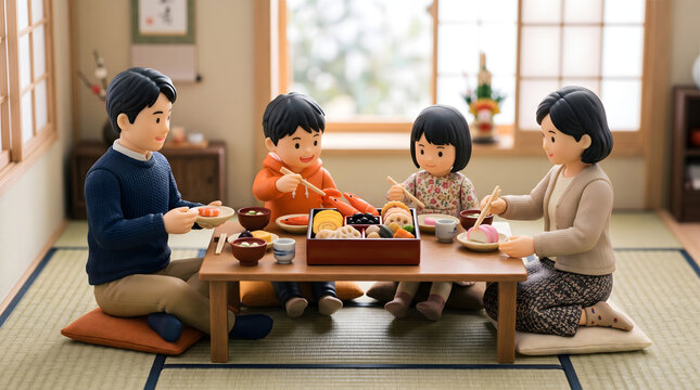 和室でお重のおせち料理を仲良く取り分けて食べる4人家族の3Dイラスト
