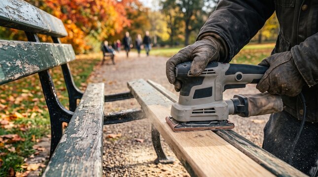 Restoring an old wooden park bench with an orbital sander in autumn.
