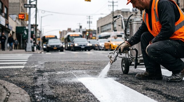 Road worker applying fresh white paint for street line marking on urban street.