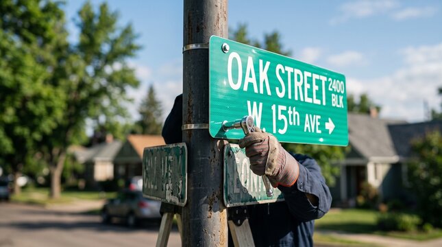 Street Sign Installation Oak Street and West 15th Avenue.