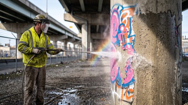 Worker Pressure Washing Graffiti Off Concrete Pillar Under Overpass.