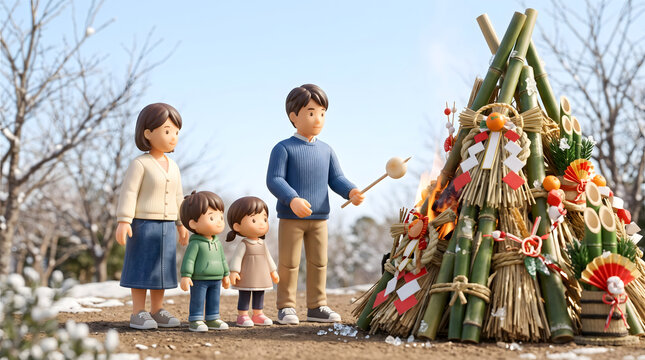 どんど焼きの火でお餅を焼いて無病息災を願う4人家族の3Dイラスト
