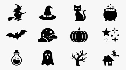 Fototapeta premium Professional Black and White Halloween Themed Icons Set Witch Cat Pumpkin Cauldron Ghost and More Illustrations