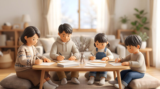 冬のリビングで家族揃って寒中見舞いのはがきを書く4人家族の3Dイラスト
