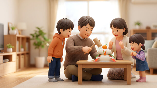 新年のリビングで家族みんなで鏡開きをする4人家族の3Dイラスト

