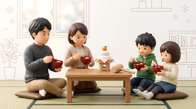 和室のちゃぶ台でお汁粉を食べて鏡開きを楽しむ4人家族の3Dイラスト
