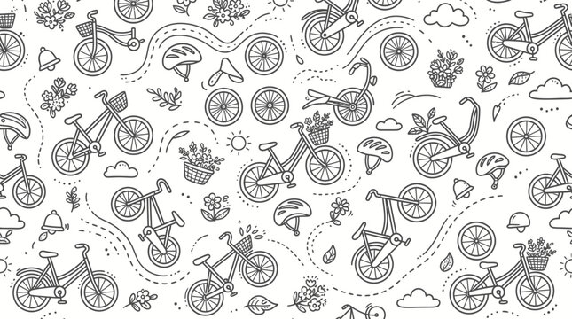 Seamless pattern of hand-drawn bicycle doodles with flowers, helmets, and park elements on white