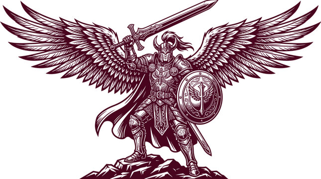 Winged Knight Warrior in Full Armor Holding Sword and Shield on Rock Illustration