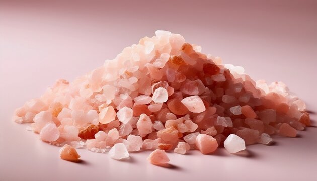 A Small Pile Of Pink Himalayan Salt Crystals On A Light Pink Surface With A White Background