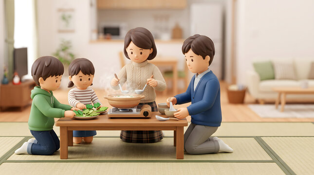 和室のちゃぶ台で七草粥を土鍋で作って取り分ける4人家族の3Dイラスト
