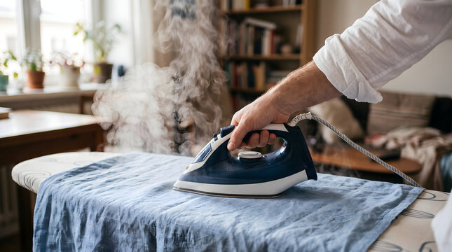 Close up of a person ironing a blue garment on an ironing board.