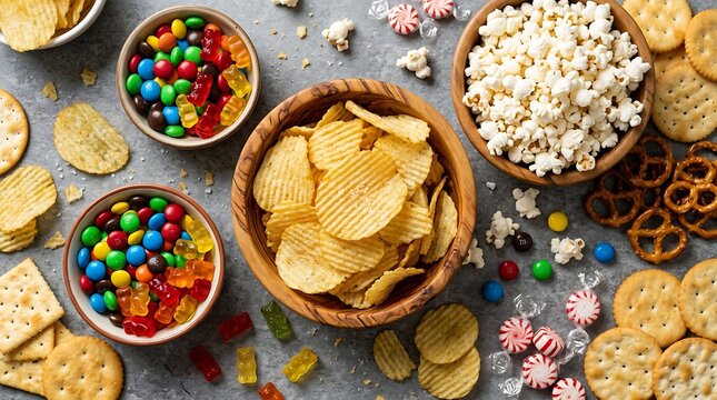 Assorted party snacks in wooden bowls on grey background
