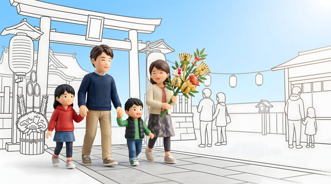 十日えびすの神社で福笹を持って笑顔で歩く4人家族の3Dイラスト
