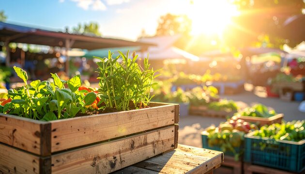 Sunny farmer's market scene with a wooden planter box full of fresh green herbs and produce, backlit by the sun