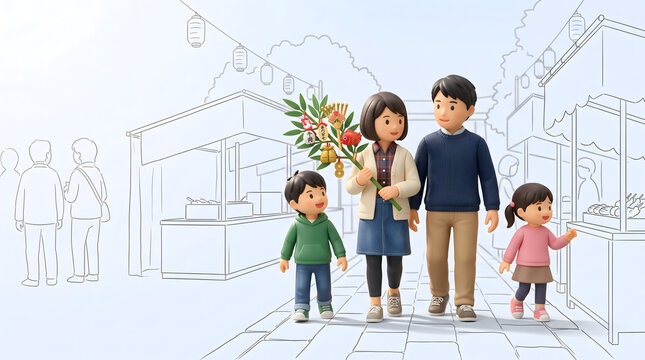 十日えびすの賑やかな屋台通りを福笹を持って歩く4人家族の3Dイラスト
