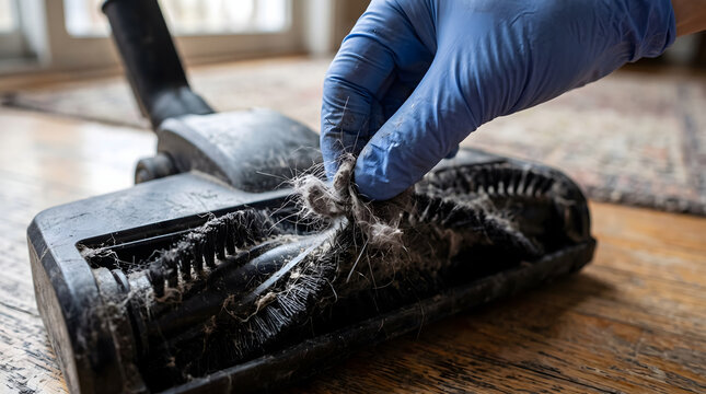 Hand in blue glove cleaning hair and dust from a vacuum cleaner brush roll.