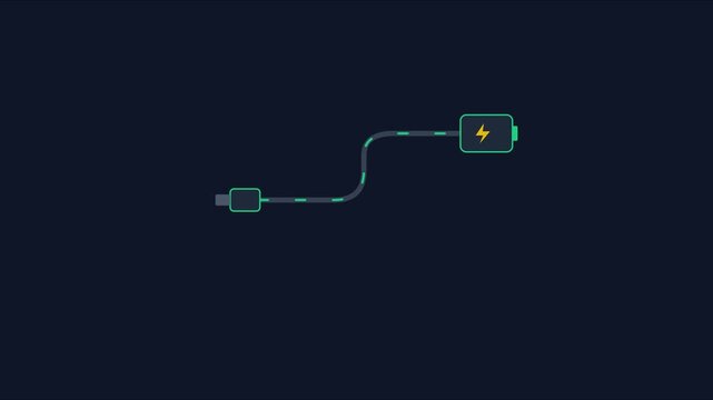 Digital battery charging animation with flowing energy cable 4k power