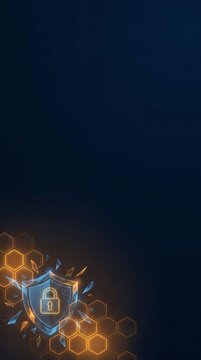 Cyber security concept with glowing digital shield padlock icon and orange honeycomb grid on dark background