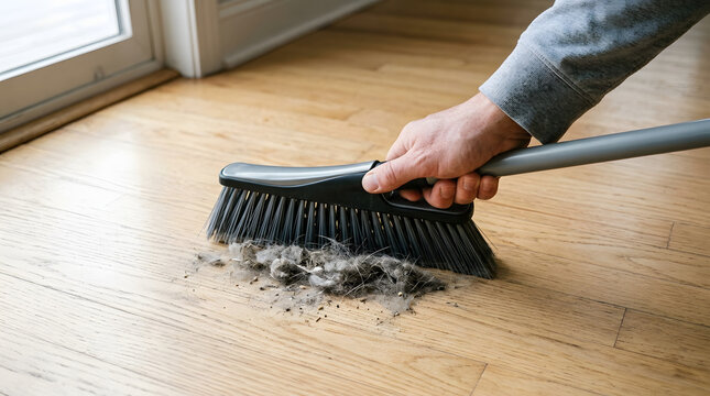 A hand sweeping a pile of dust on a wooden floor with a black broom.