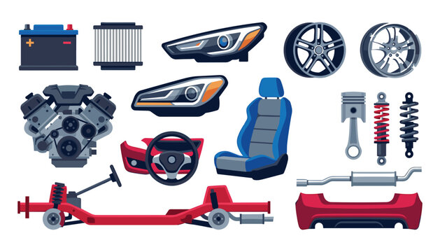Car auto spare parts vector set featuring engine, battery, headlights, wheels, steering wheel, suspension, and chassis isolated on white background