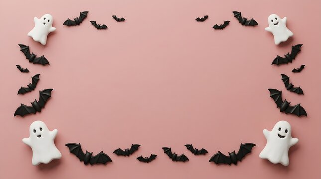 Halloween pink background frame with smiling ghosts and flying bat art.