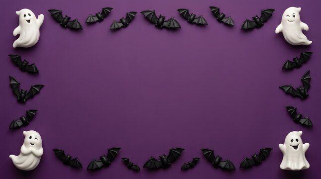 Halloween purple background frame with ceramic ghosts and black bats 3d.
