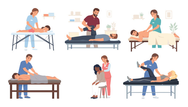 Cartoon physical therapy and massage therapy set featuring physiotherapists treating patients with rehabilitation exercises isolated on white background