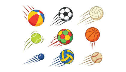 Naklejka premium Collection of flying sports balls in motion vector illustration including soccer basketball tennis baseball volleyball and beach ball