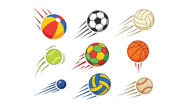 Collection of flying sports balls in motion vector illustration including soccer basketball tennis baseball volleyball and beach ball