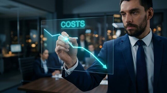 Businessman analyzing digital cost reduction graph