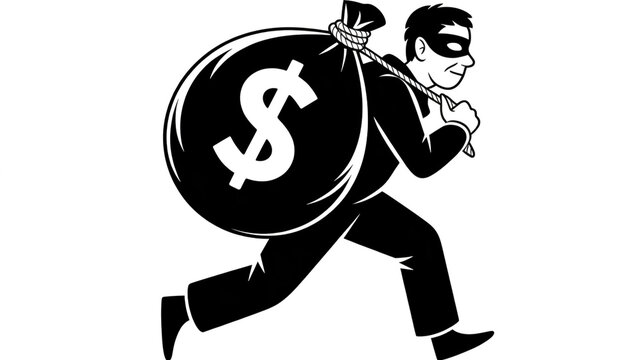 A Black and White Illustration Featuring a Masked Burglar Carrying a Large Sack Filled with Money Sign