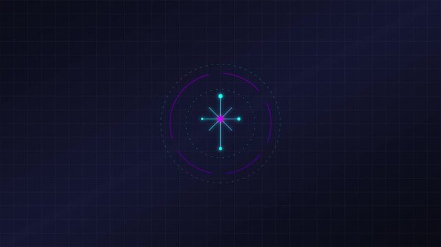Futuristic digital compass hud interface with neon glowing navigation and data grid animation 4k background