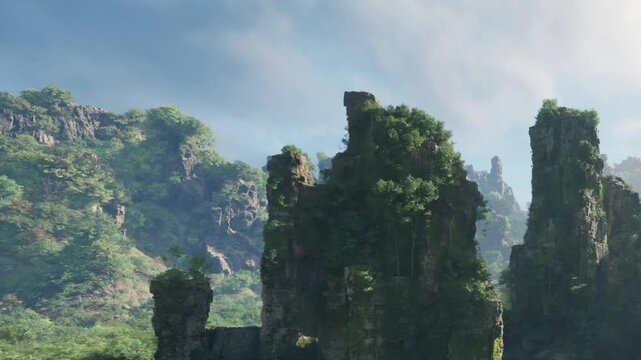 People walk along rocky cliffs that rise above the forest. The sun shines on the landscape, revealing lush trees and natural rock formations. This scene captures the beauty of nature.