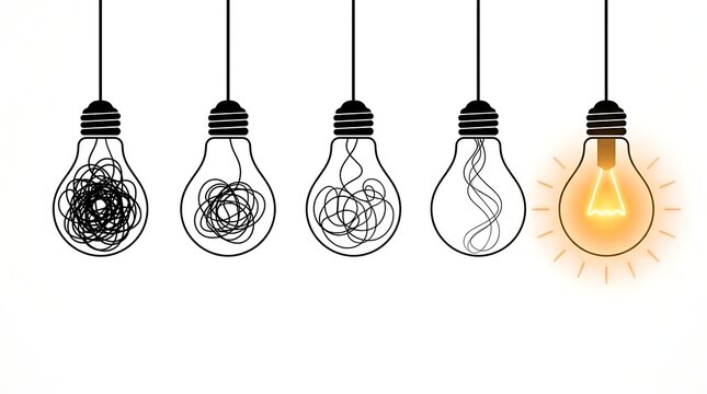 Five hanging light bulbs showing idea evolution process