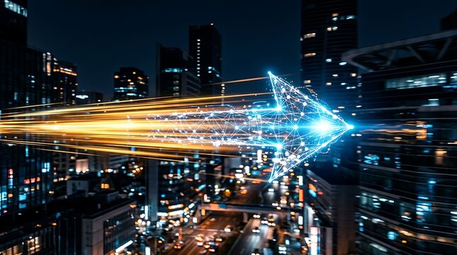 Glowing blue arrow with light trails over night cityscape