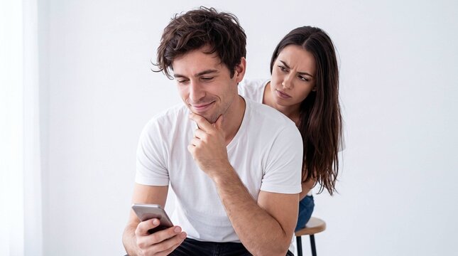 Suspicious woman peering over man's shoulder at his smiling phone screen