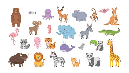Obraz premium Cute cartoon animal vector characters set with safari jungle forest marine and farm animals isolated on white background